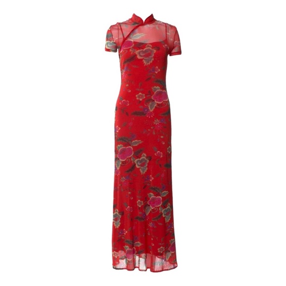 Rare Vivienne Tam Vintage 90s Red Asian Floral Mesh Sheer High Neck Maxi Dress M - Picture 1 of 10